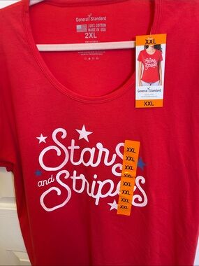 GENERAL STANDARD  American Ladies Tee with white "Stars and Stripes" Graphics.